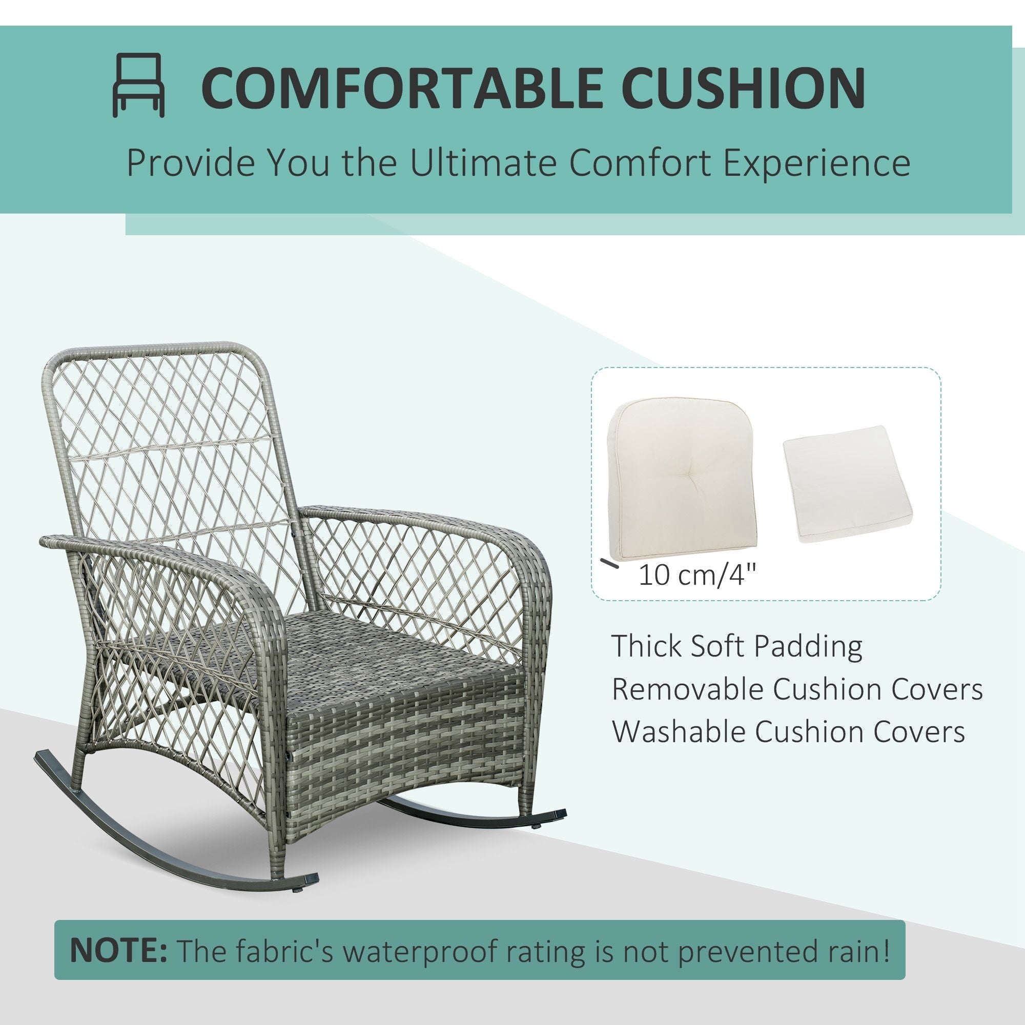 Outsunny PE Rattan Rocking Chair Outdoor Patio Wicker Recliner with Soft Cushion for Garden Backyard Porch Khaki 