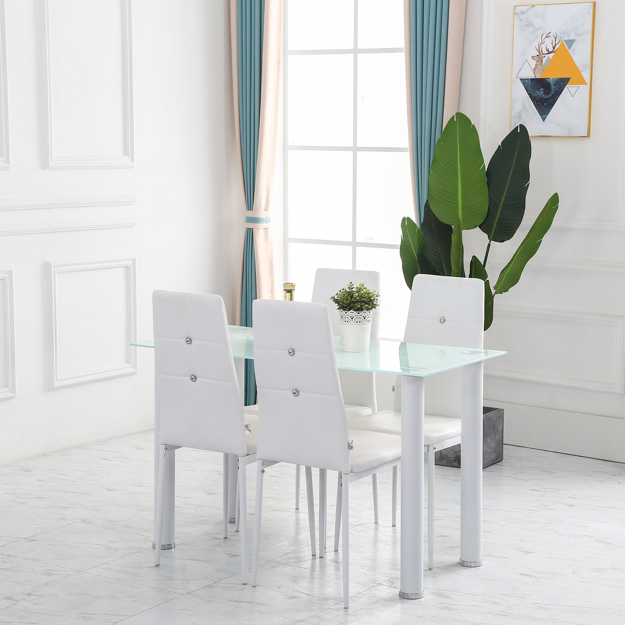 HOMCOM Set of 4 Modern Dining Chairs White Faux Leather Upholstered with Button Tufted Back Metal Legs 