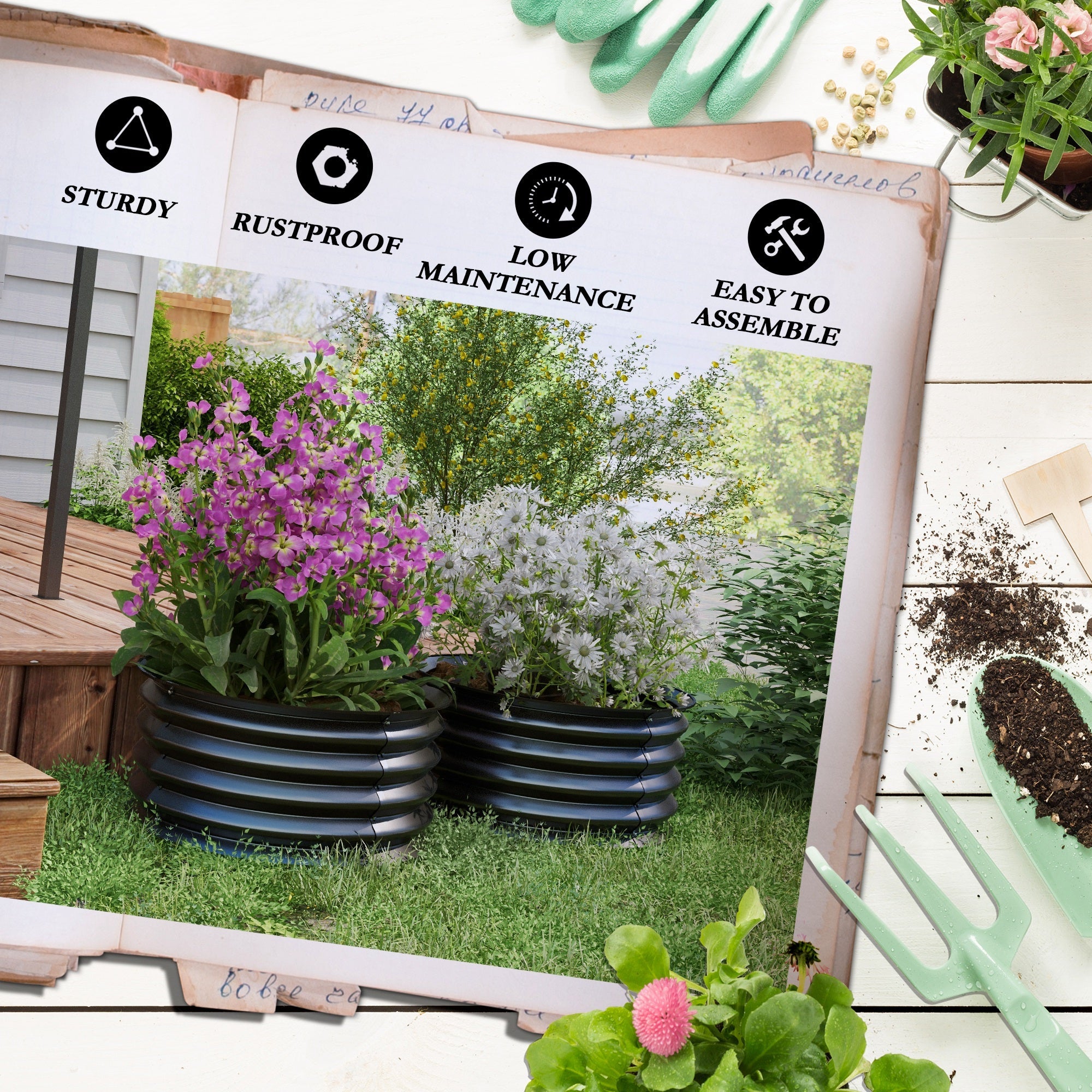Outsunny Set of 2 Raised Garden Bed, Metal Planter Box with Safety Edging, Easy-to-assemble Stock Tank, Dark Grey 