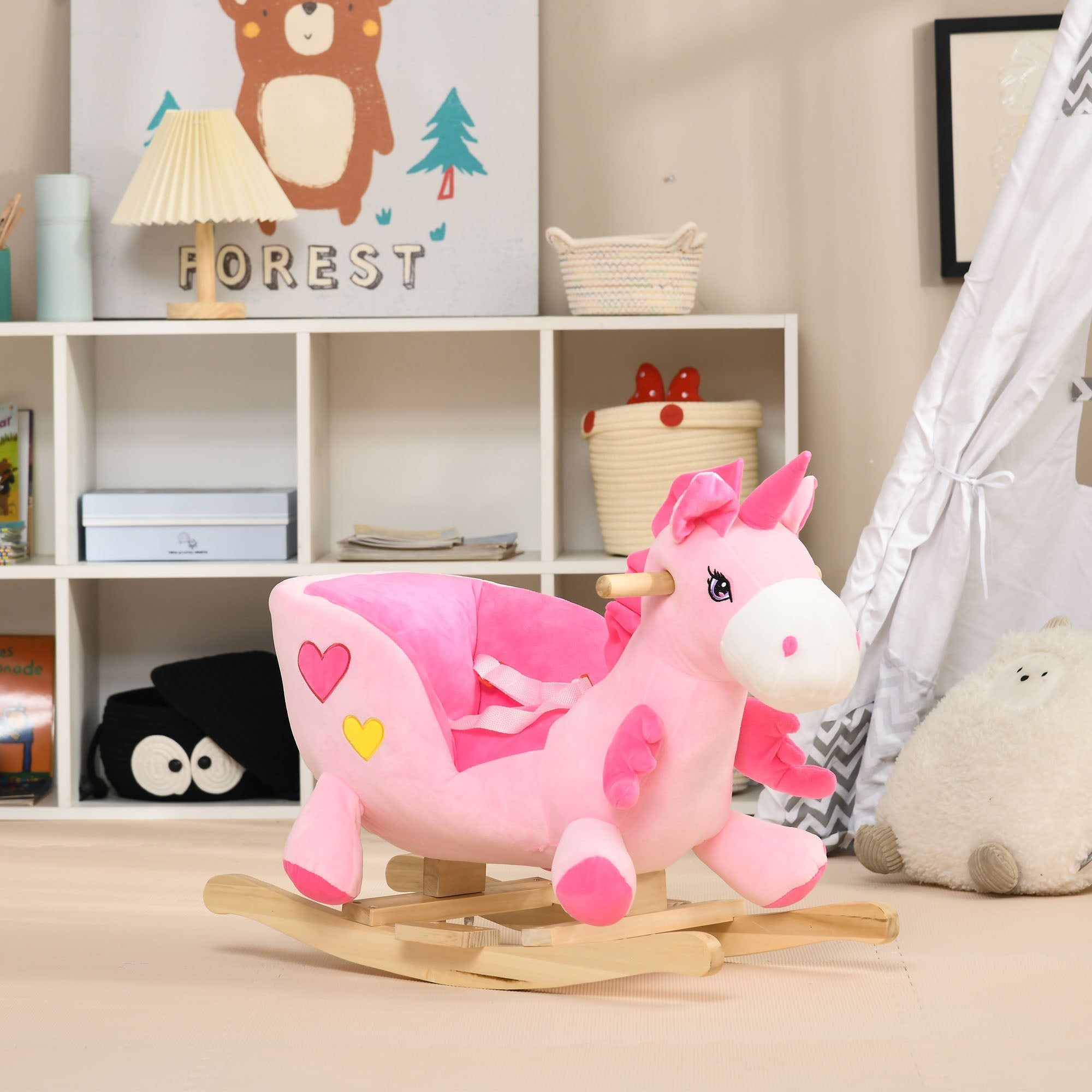 Qaba Rocking Unicorn for Babies - Ride On Horse with Songs, Toddler Rocker with Safety Belt, 1.5-3 Years, Pink 