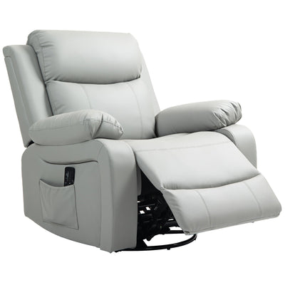 HOMCOM PU Leather Reclining Chair with Vibration Massage Rocker, Swivel Base, Rocking Function, Remote Control, Light Grey 