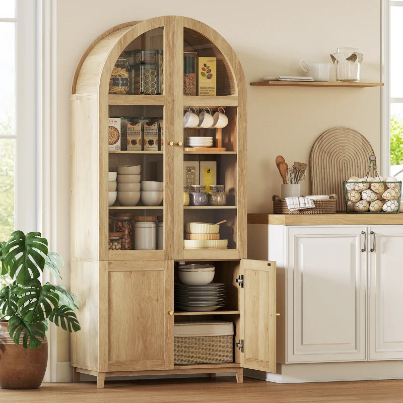 Arched Kitchen Pantry Cabinet, 71" Tall Farmhouse Kitchen Storage Cabinet with Acrylic Glass Doors, Oak