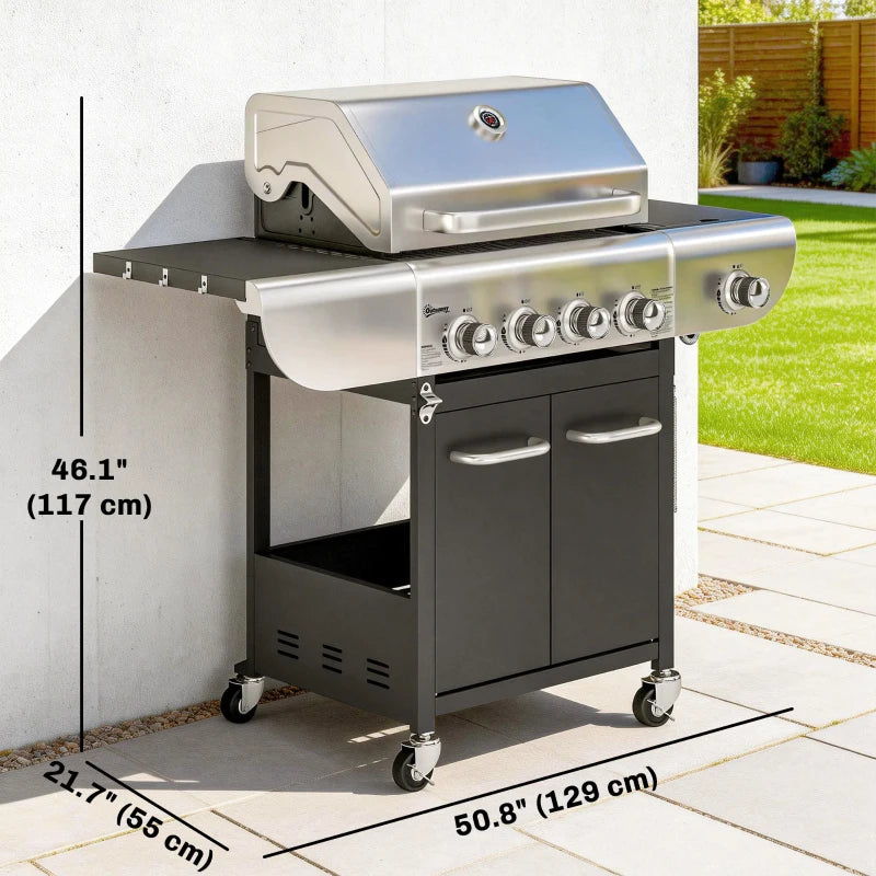Outsunny 4 Burner Propane Gas Grill with Side Burner, 53,000 BTU BBQ Grill with Cast Iron Grates, Wheels, Warming Rack, Cabinet