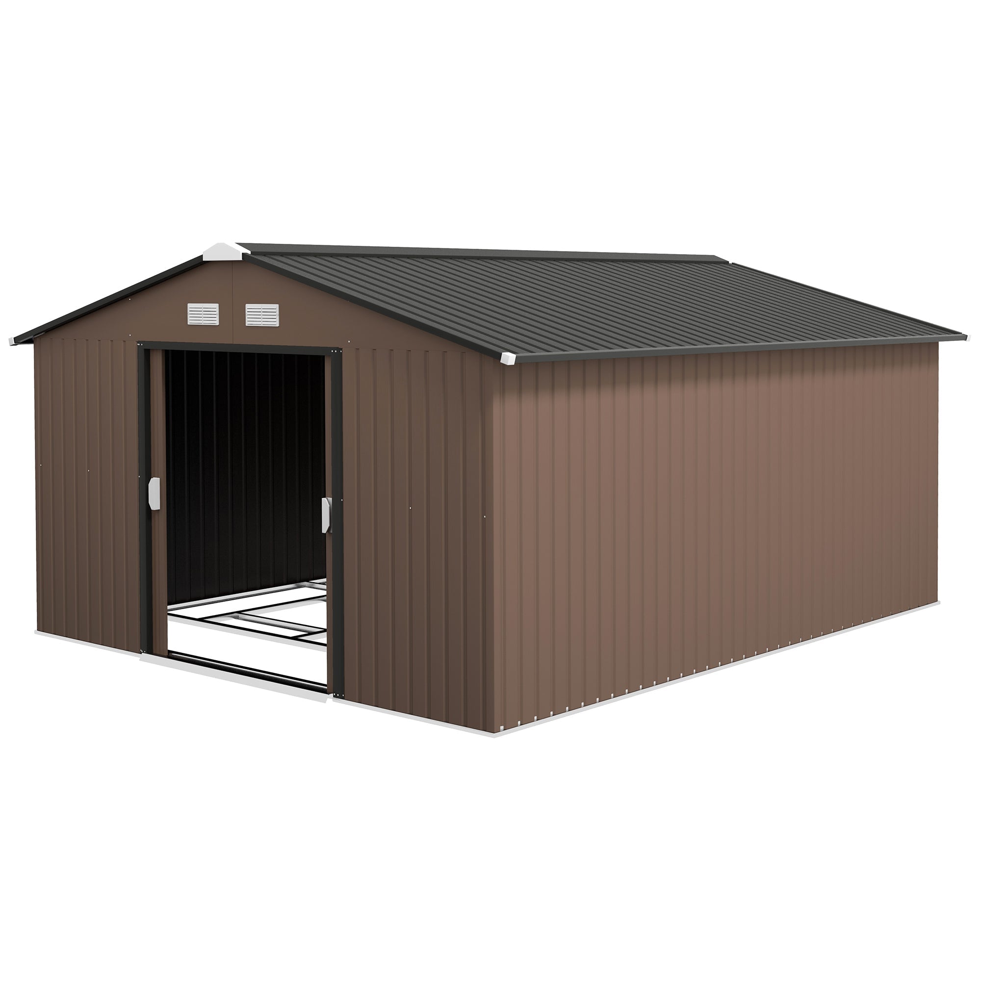 Outsunny 11' x 13' Garden Storage Shed w/ Foundation Kit Metal Tool Storage House w/ Double Doors, Brown 