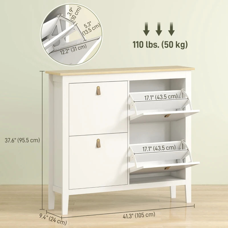 Narrow Shoe Cabinet with 4 Flip Drawers, Adjustable Shelves for Entryway, Holds 12-20 Pairs, White