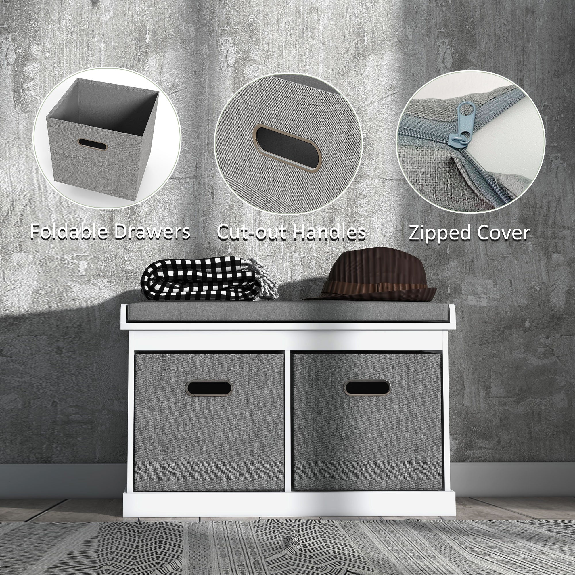 HOMCOM Shoe Storage Entryway Bench Seat with Cushion 2 Fabric Drawers for Hallway White 