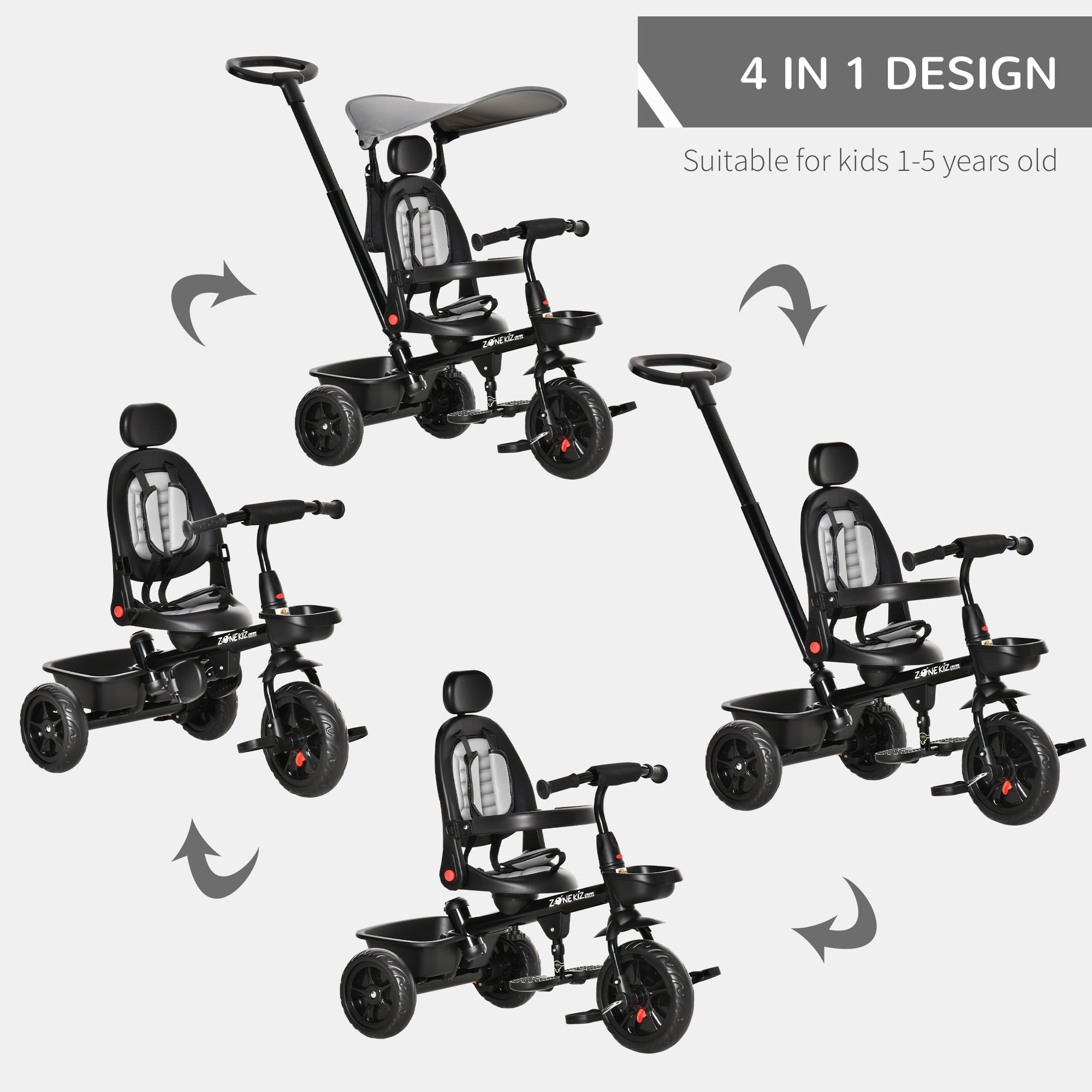 Aosom Qaba Baby Tricycle 4 In 1 Stroller Reversible Seat Adjustable Footrest Brake Clutch Grey 
