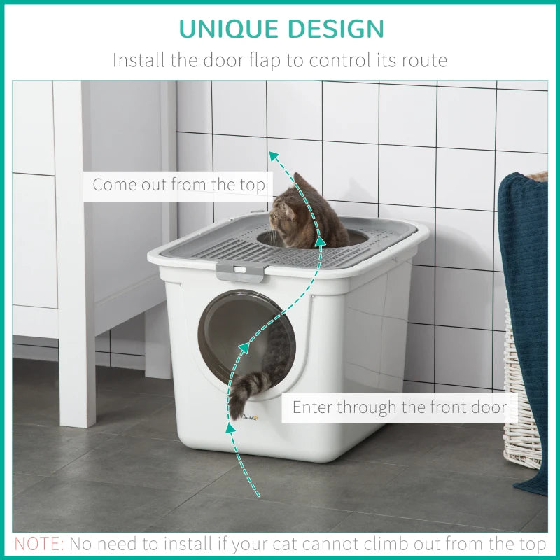 Enclosed Cat Litter Box, Easy Cleaning Kitty Litter Box with Front Entrance, Top Exit, Scoop, White
