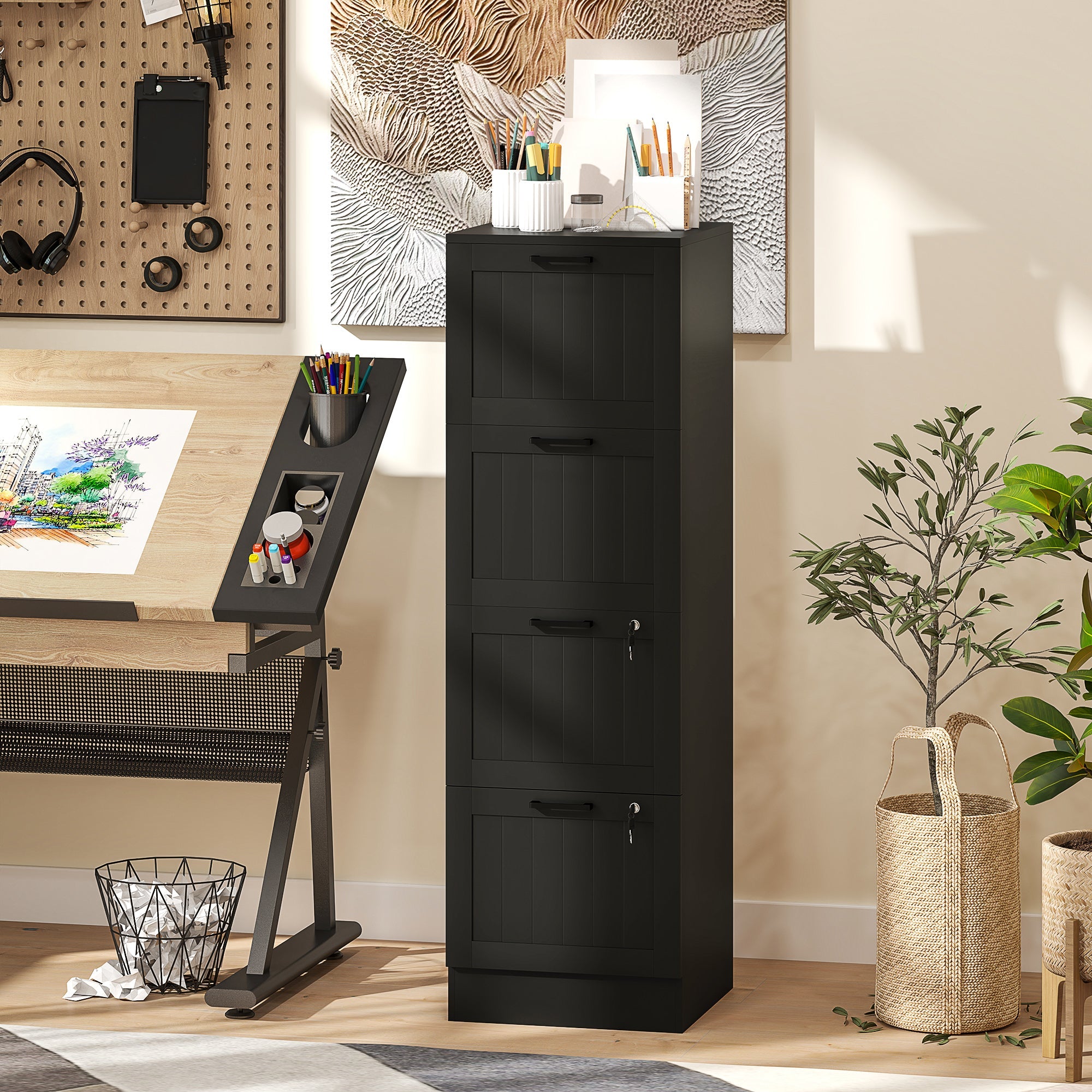 HOMCOM 4 Drawer Filing Cabinet with Lock, Office Storage Cabinet with Adjustable Hanging Bars for A4 Letter Size Files, Black 