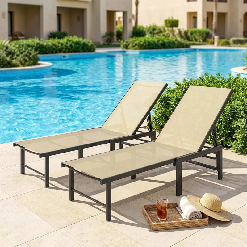 Outdoor Lounge Chair Set of 2, 5-Position Reclining Outdoor Chaise Lounge Tanning Chair with Mesh Seat, Khaki