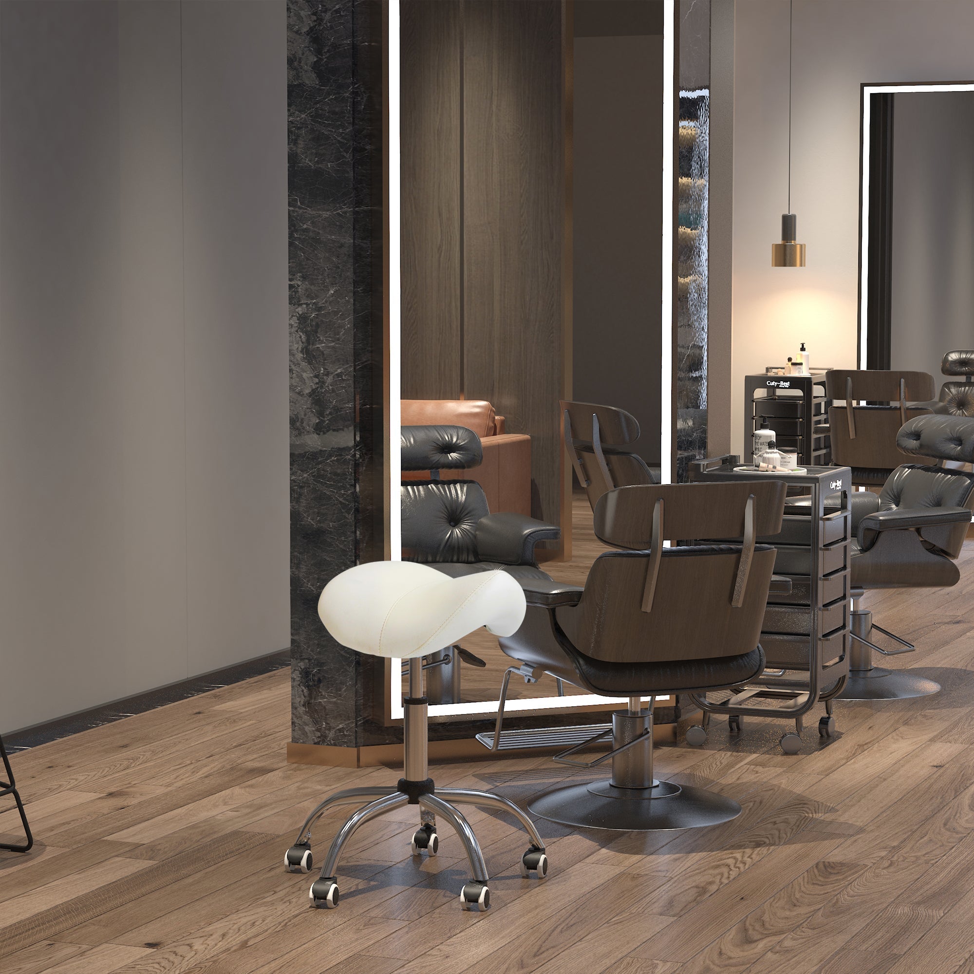 HOMCOM Cream White Rolling Salon Stool: Adjustable Hydraulic Swivel Saddle Chair, PU Leather Spa Beauty Seat 