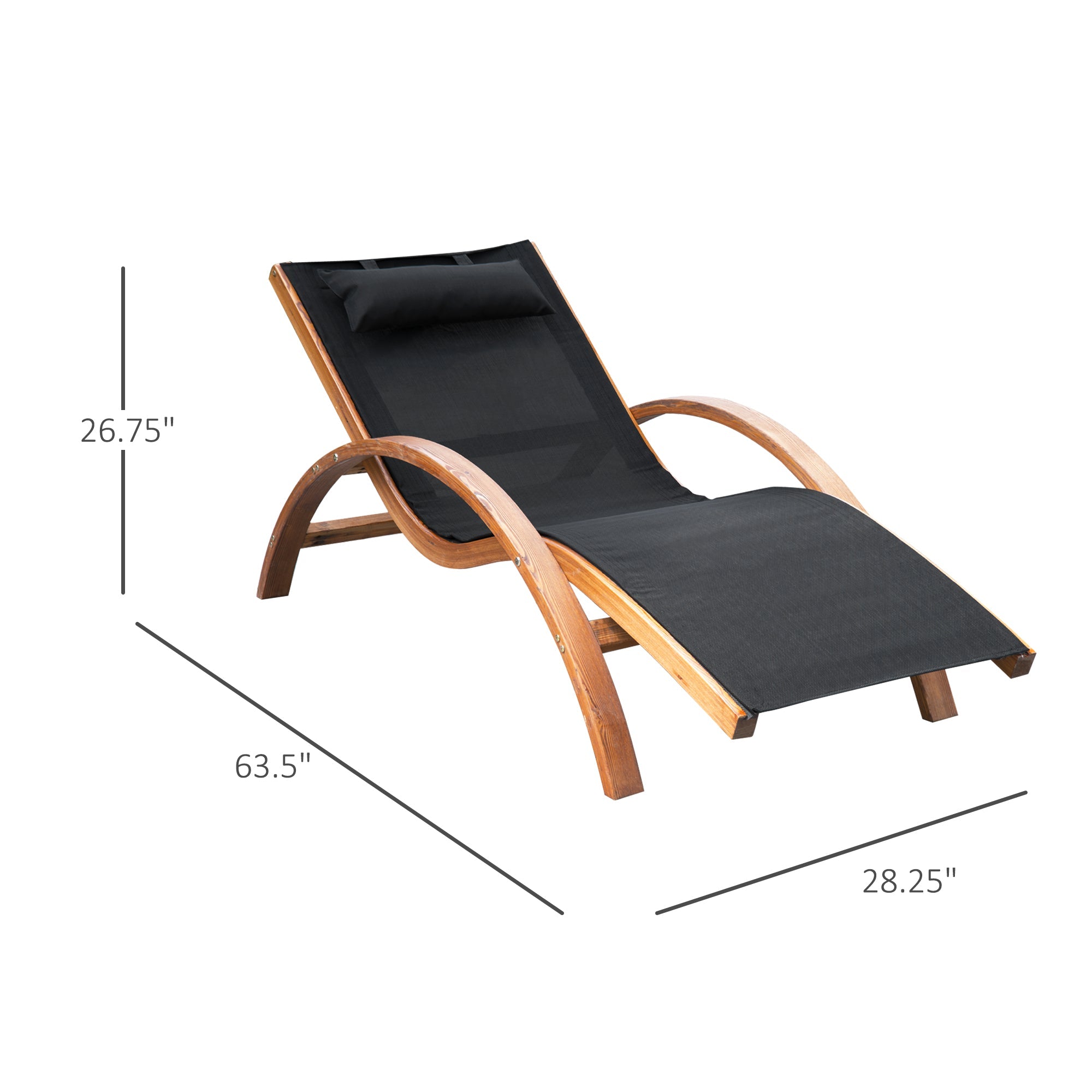 Outsunny Patio Chaise Lounge Chair with Headrest, Garden Sun Lounger Recliner with Wood Frame, Texteline, Black 