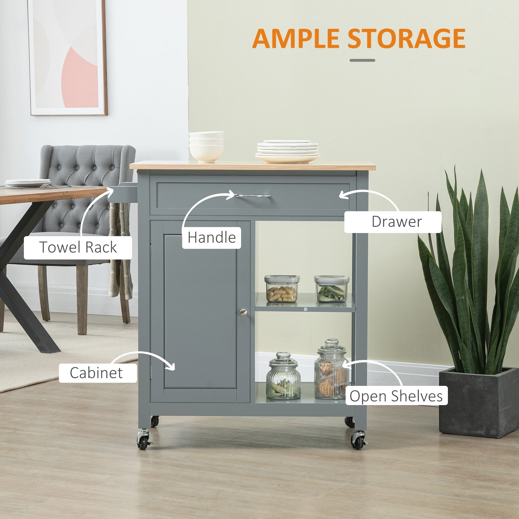 HOMCOM Kitchen Cruiser: Rolling Island Cart with Wood Top, Storage Drawer, Grey for Dining Room Mobility 