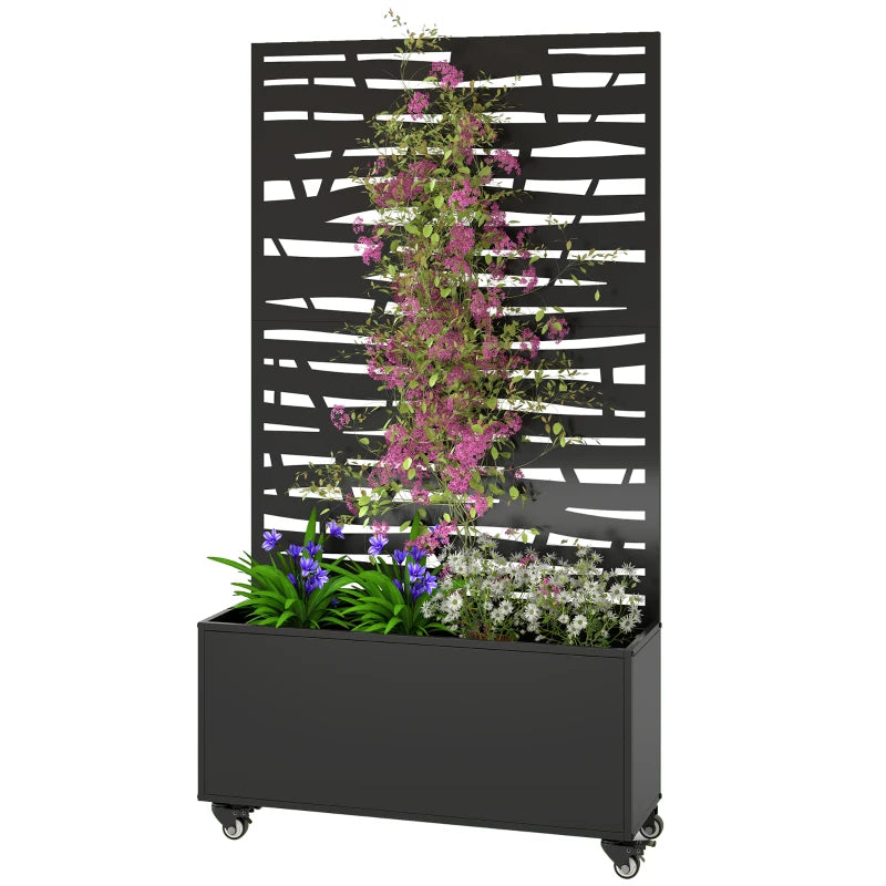 Metal Planter Box with Trellis, Raised Garden Bed with Twigs Slatted Cut-Out Privacy Screen and Wheels