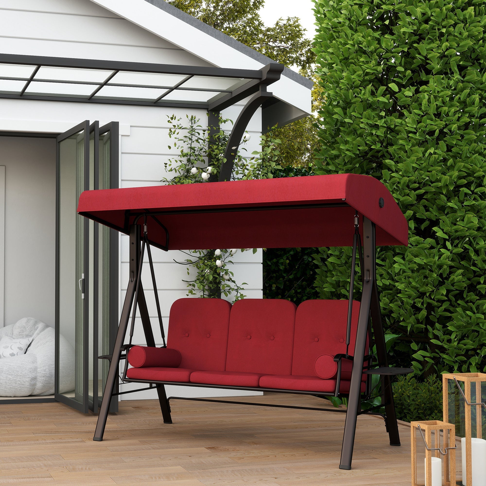 Outsunny Outdoor Patio 3-Person Steel Canopy Cushioned Seat Bench Swing with Included Side Trays & Padded Comfort, Wine Red 