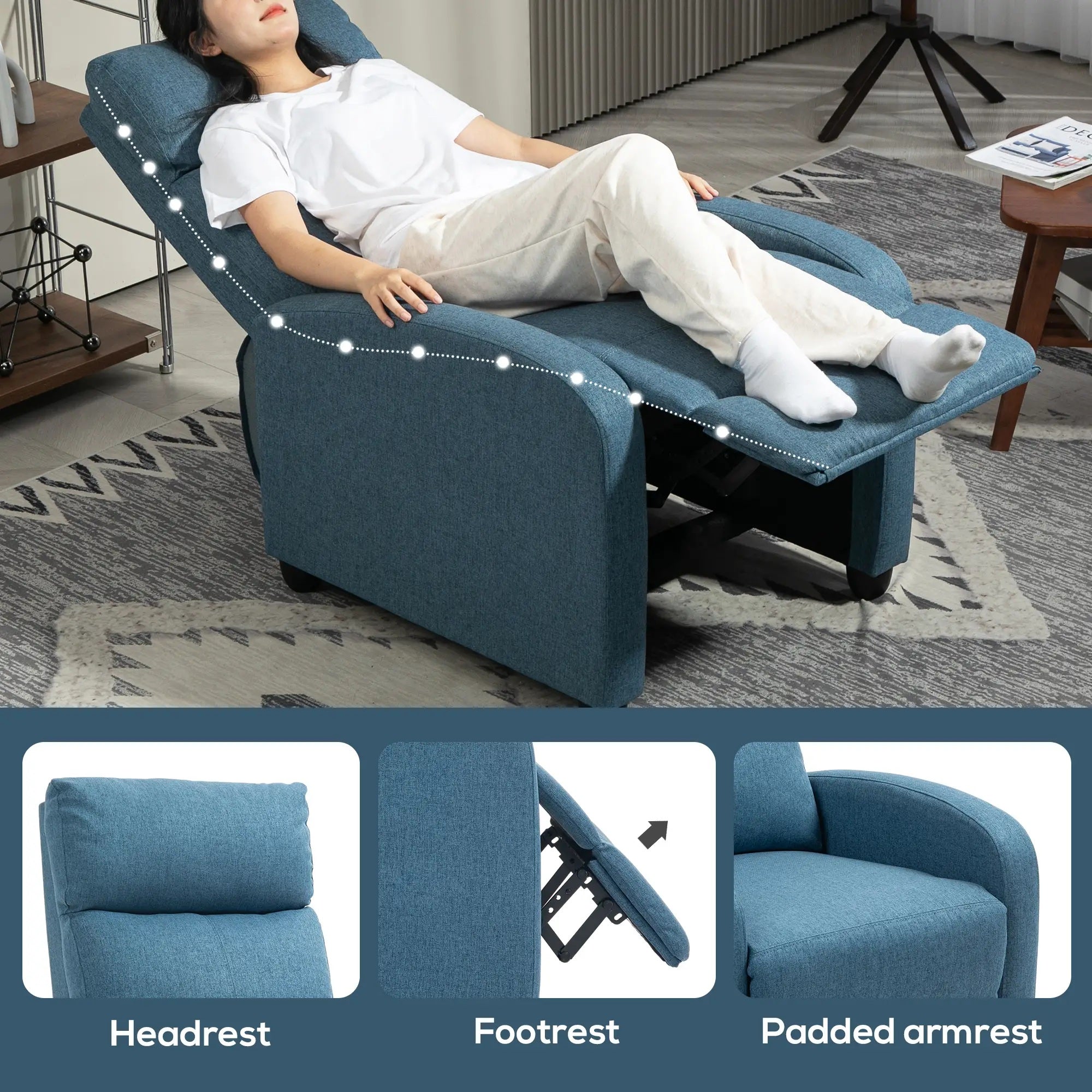 HOMCOM Fabric Recliner Chair Manual Home Theater Seating Single Reclining Sofa Chair with Padded Seat for Living Room, Blue 