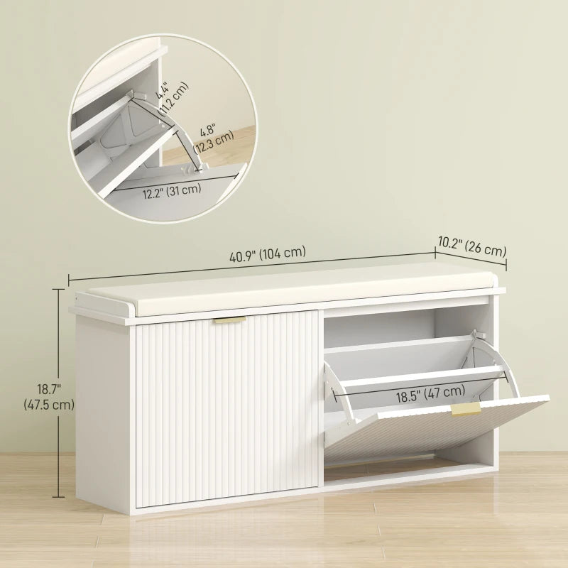 Entryway Bench with Padded Seat and Flip-Drawers, Holds up to 529lbs, Shoe Storage Bench for 10 Pairs of Shoes, White