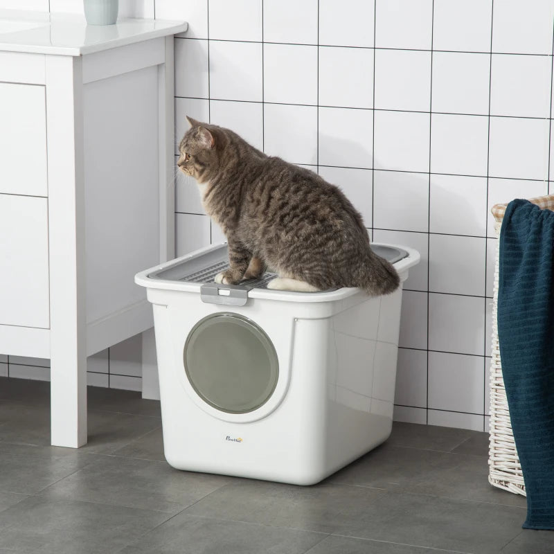 Enclosed Cat Litter Box, Easy Cleaning Kitty Litter Box with Front Entrance, Top Exit, Scoop, White
