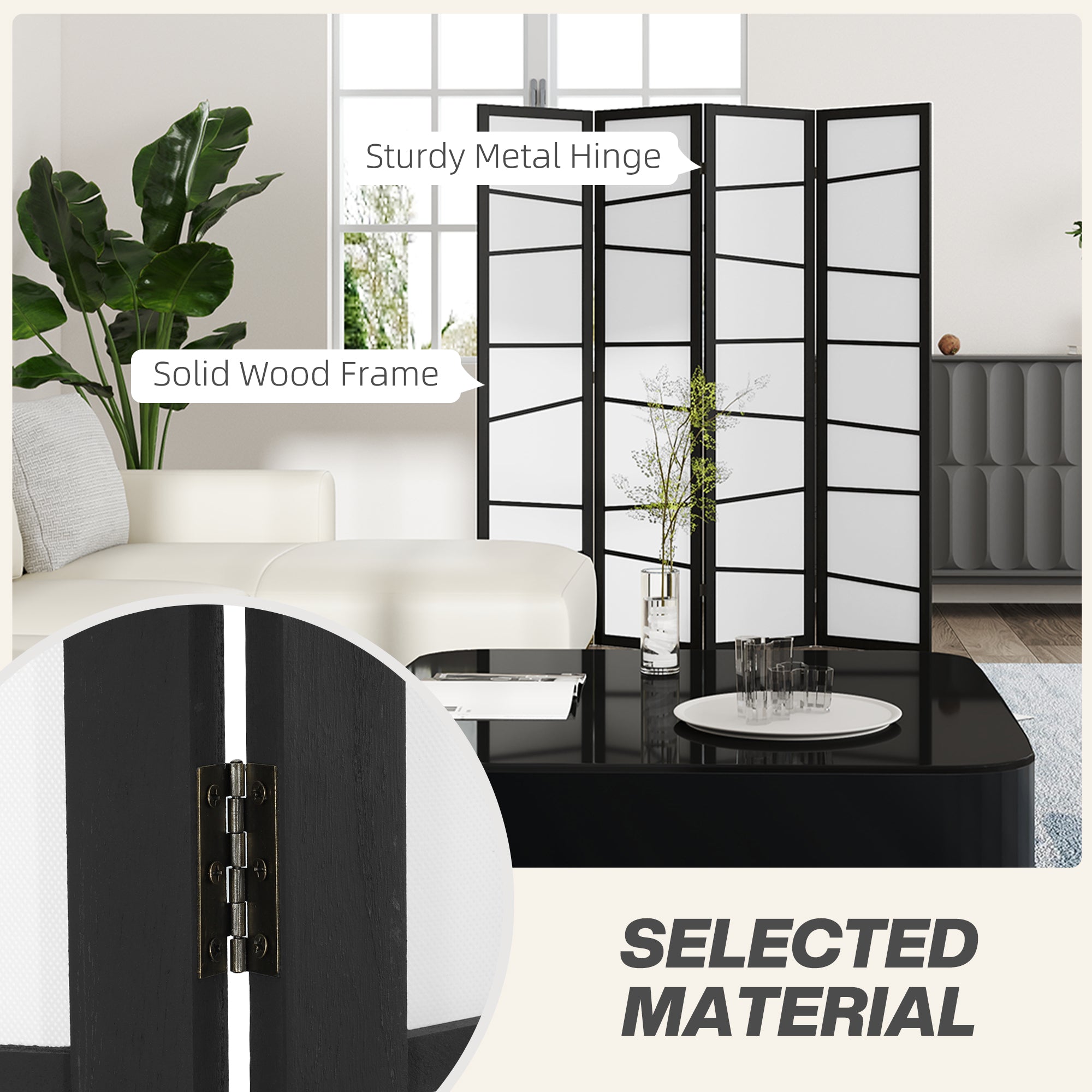 HOMCOM 5.6ft Folding Room Divider, 4 Panel Wall Partition with Wood Frame for Bedroom, Home Office, White 