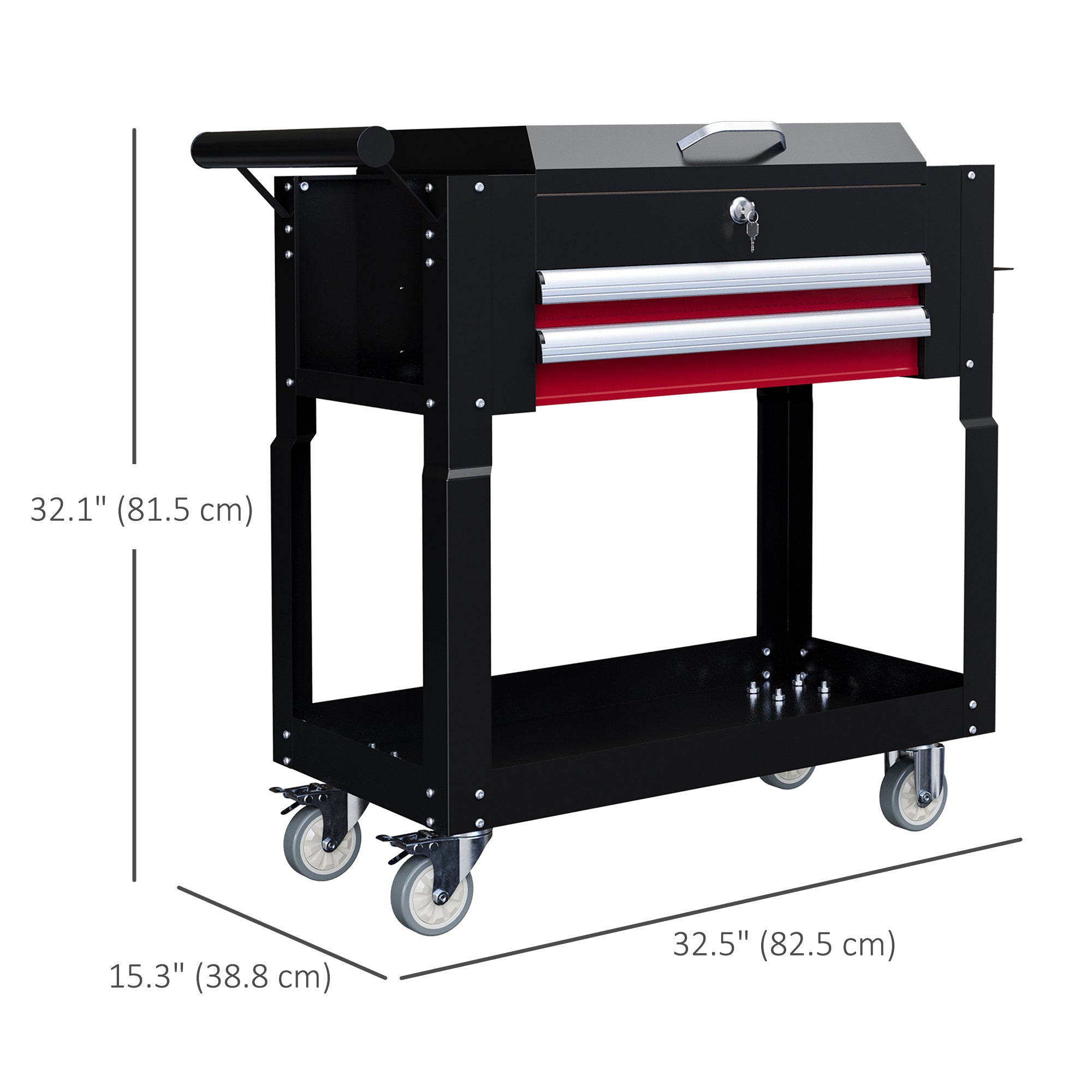 HOMCOM Tool Cart on Wheels Service Cart with 2 Drawers Tray Lockable Flip Top Storage for Garage Warehouse Workshop Black 