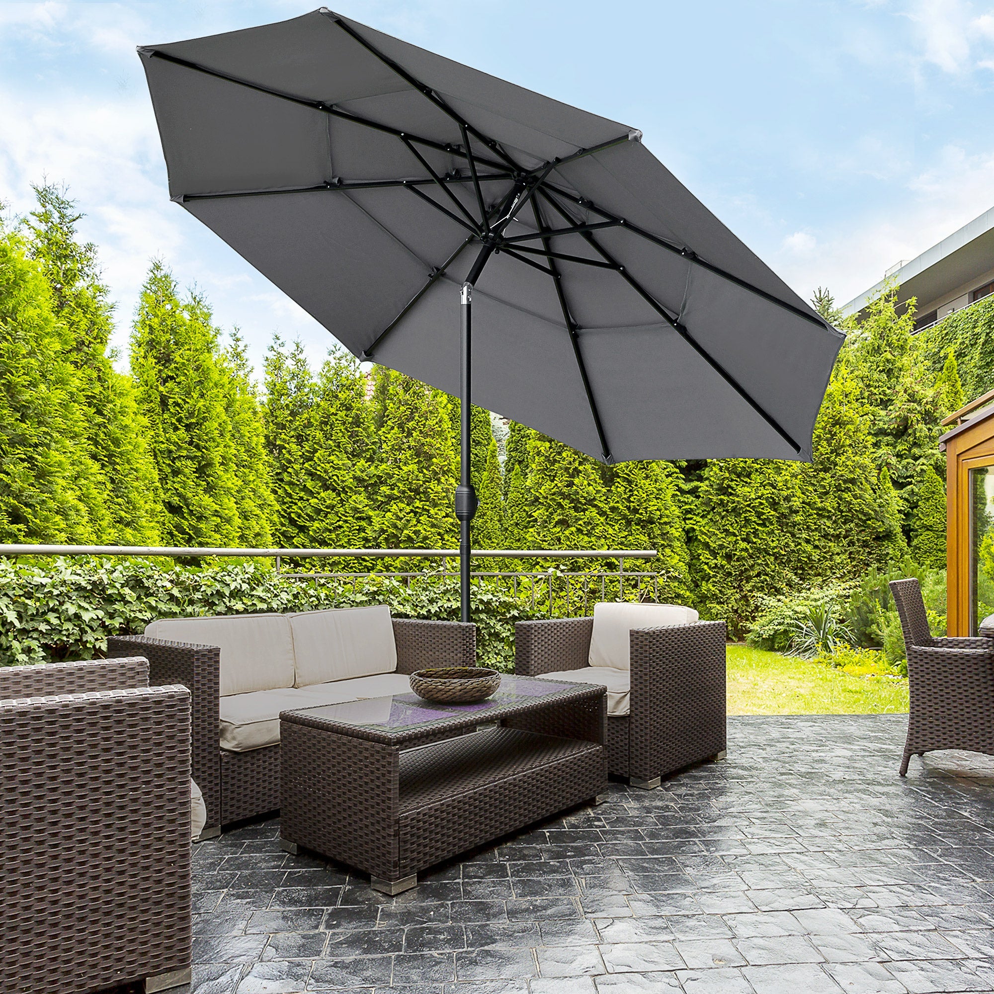 Outsunny 9FT 3-Tier Patio Umbrella: Outdoor Market Umbrella with Crank, Push Button Tilt for Deck & Lawn, Light Grey 