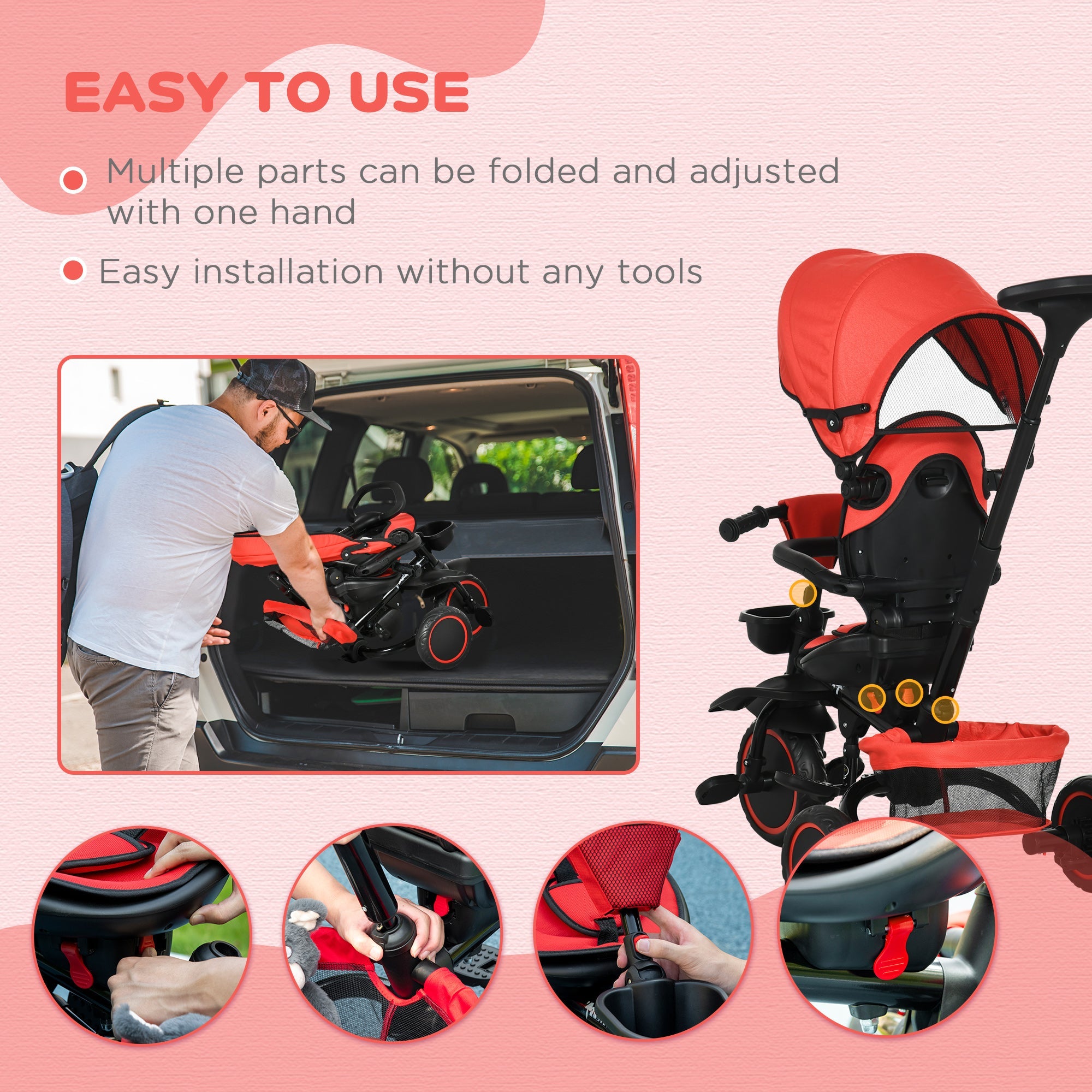 Aosom 6-in-1 Toddler Tricycle, Kids Trike with Rotatable Seat, Adjustable Push Handle, Safety Harness, Detachable Canopy, Red 