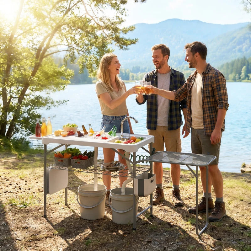 Fish Cleaning Table Folding Sink Portable Camping Sink with Side Shelf & Bottom Rack for Outdoor White
