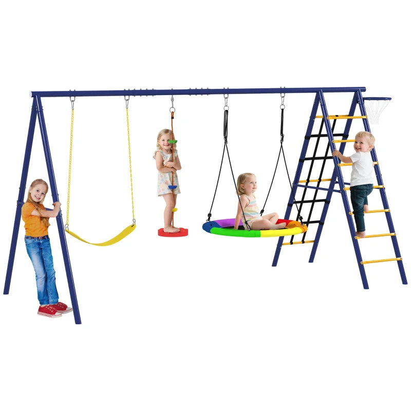 Qaba 6 in 1 Kids Swing Set with 1 Saucer Swing, 1 Belt Swing, 1 Disc Rope Swing, Climbing Ladder and Net, Basketball Hoop