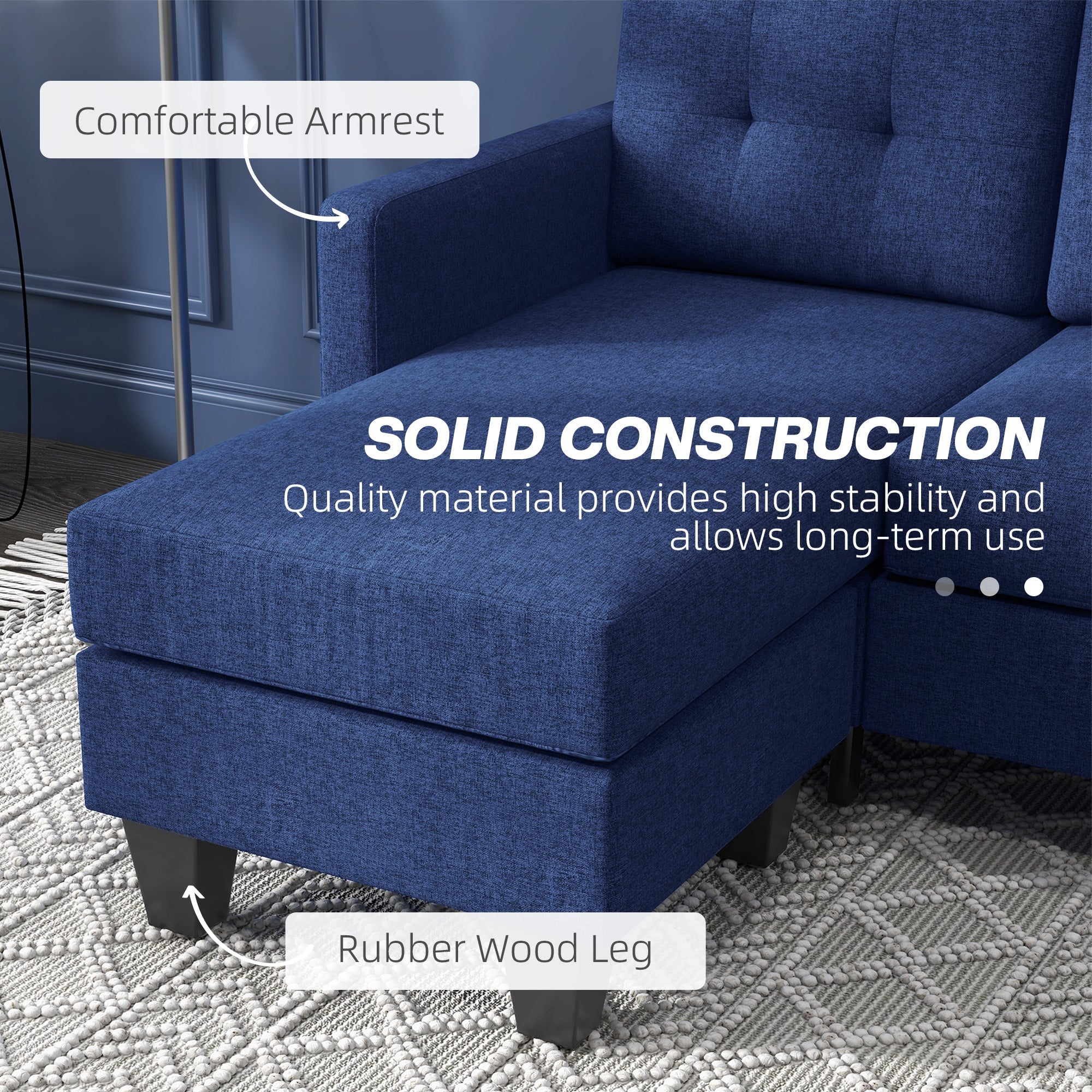 HOMCOM L-shaped Sofa, 3 Seater Sectional Couch with Ottoman, Corner Sofa with Thick Padded Cushion and Wood Legs, Dark Blue 