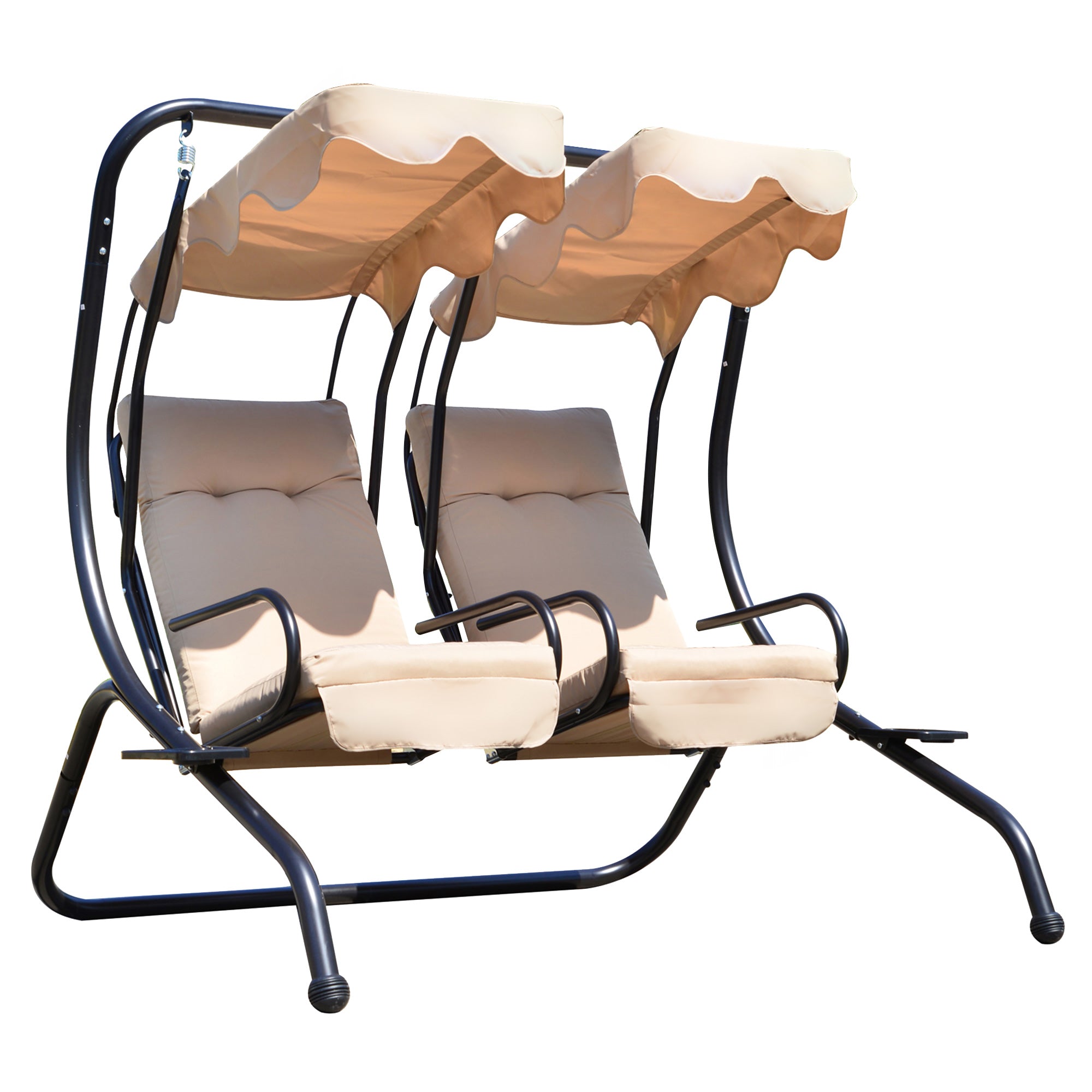 Outsunny Luxury Metal Swing Chair 2 Seater Hammock Heavy-Duty with Canopy Cushions Beige 