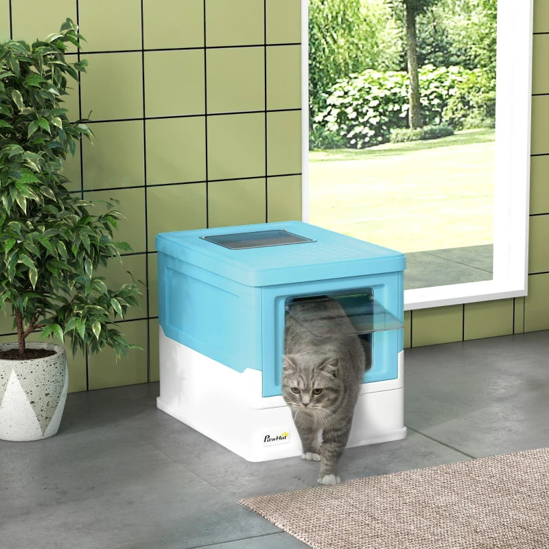 Top Entry Enclosed Kitty Litter Box with Scoop, Tray, Front Entry, Large Space, Foldable, Portable, Blue