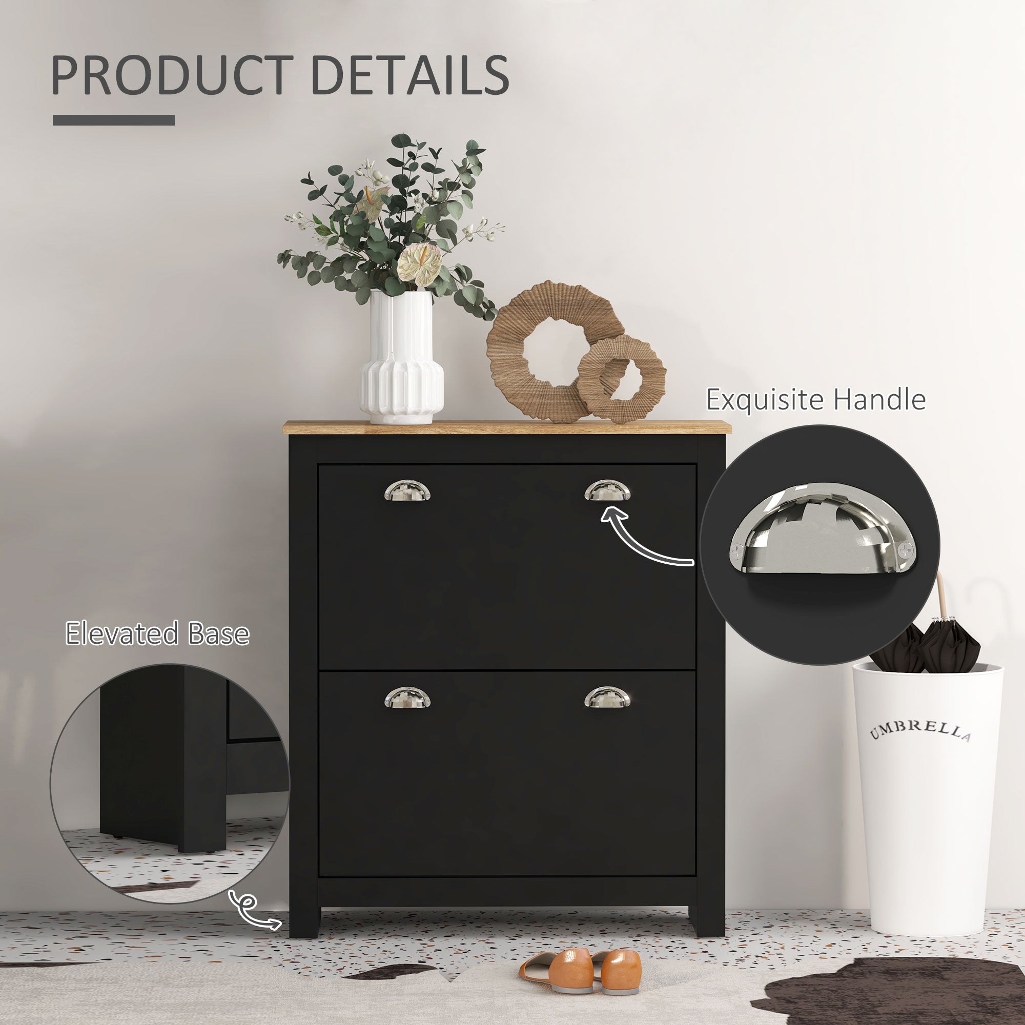 HOMCOM Entryway Shoe Storage Cabinet: 2 Flip Drawers, Adjustable Shelves, 12 Pair Organizer for Hallway, Black 