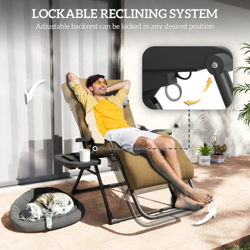 Padded Folding Recliner Chair, Patio Lounger with Cupholder, Adjustable Backrest, Removable Cushion, Light Khaki