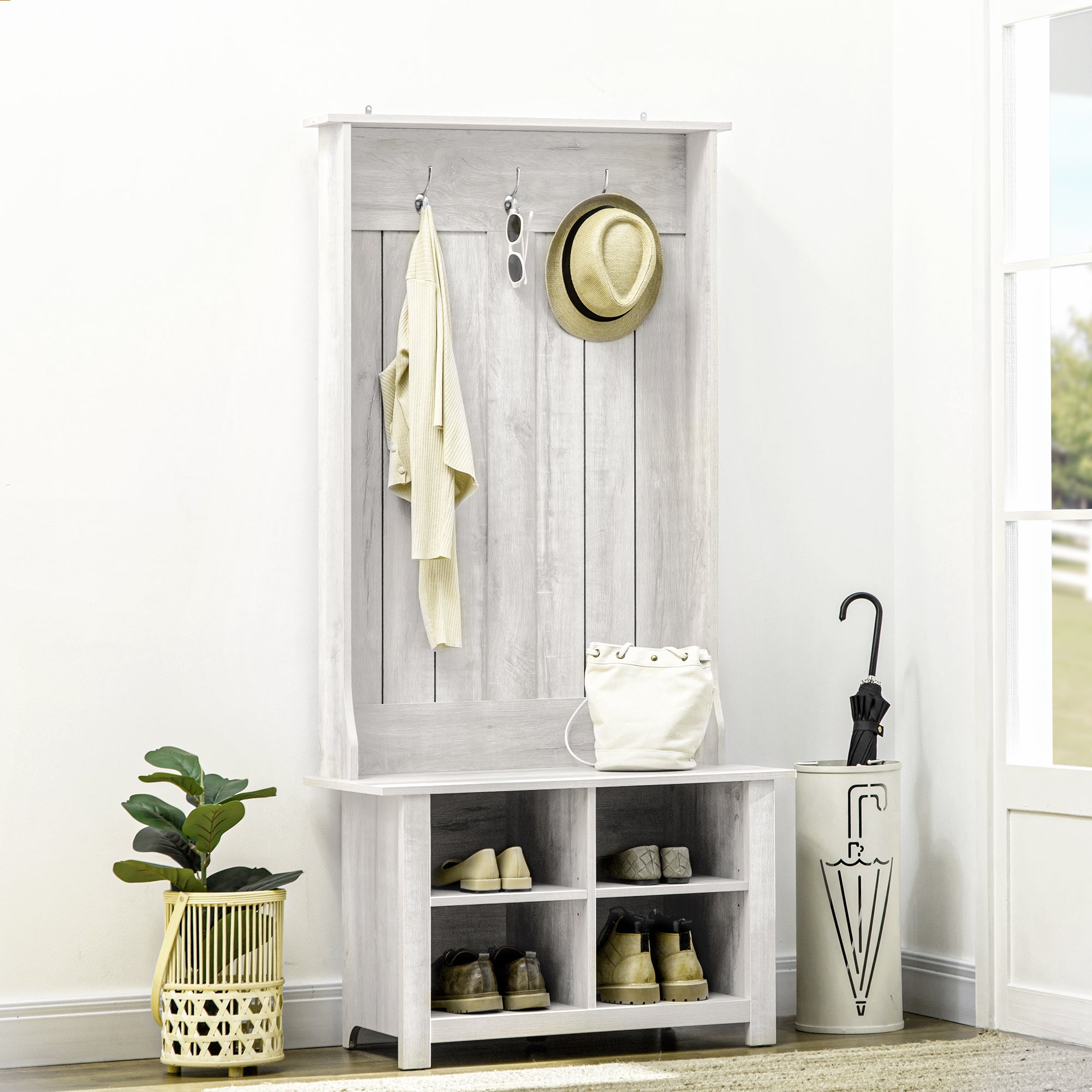 HOMCOM Hall Tree Coat and Shoe Storage Bench with Adjustable Shelves Entryway Organizer, White Finish 