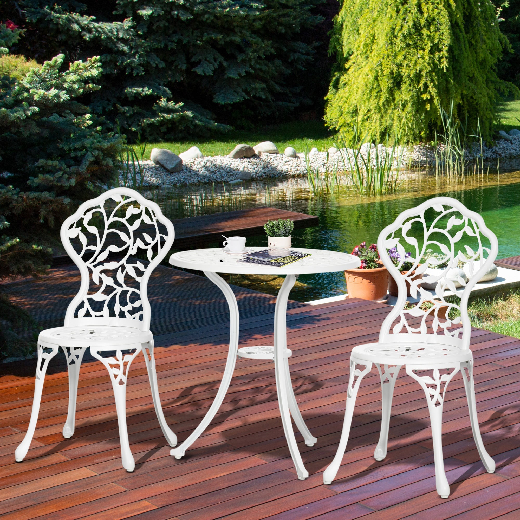 Outsunny 3 Pieces Outdoor Furniture Set, Patio Table and Chairs with Cast Aluminum Frame for Garden, Balcony, Porch, White 