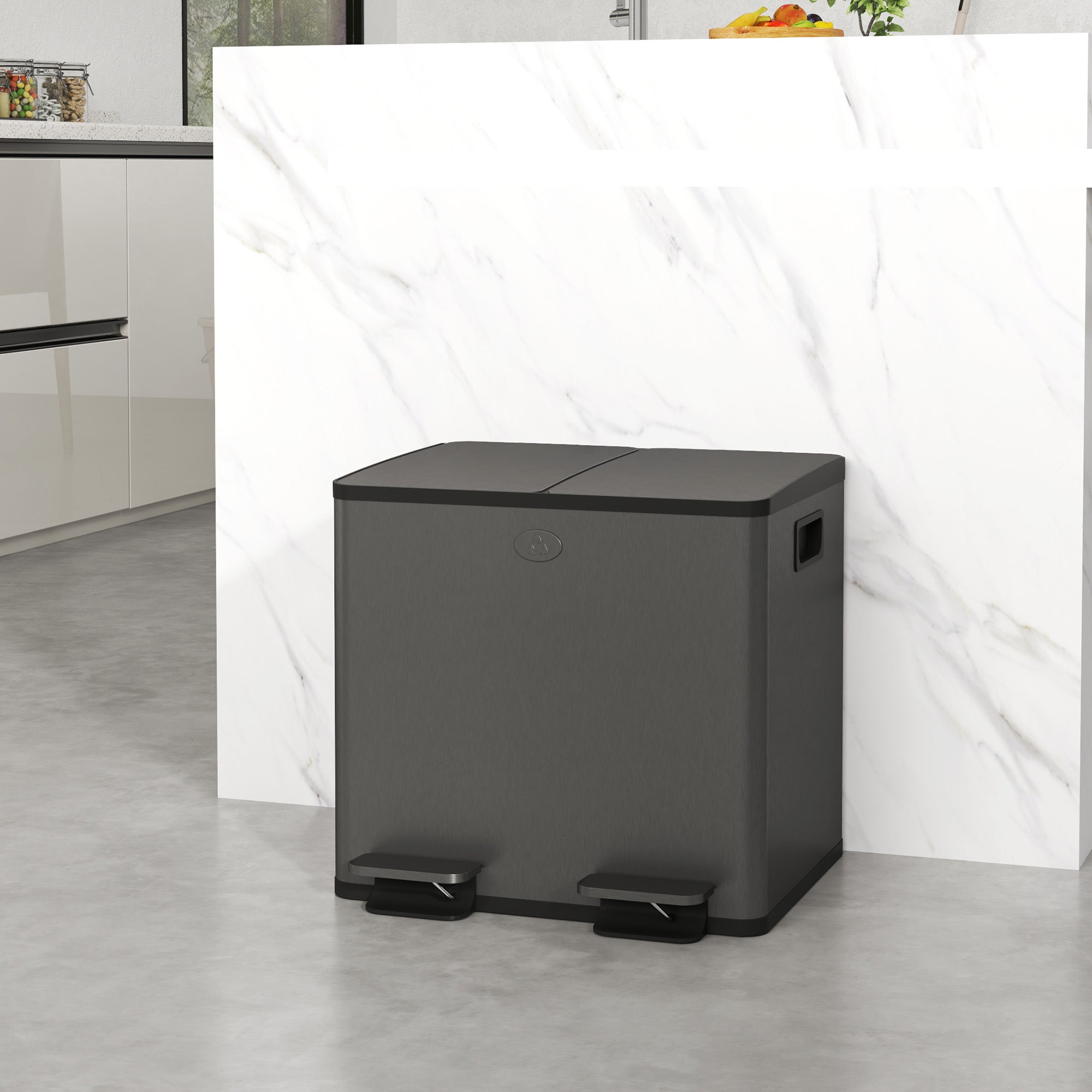 HOMCOM Dual Garbage Bin, Soft-Close Trash Can with Foot Pedal, 2 x 15 Liter Garbage Can with Removable Inner Buckets, Black 