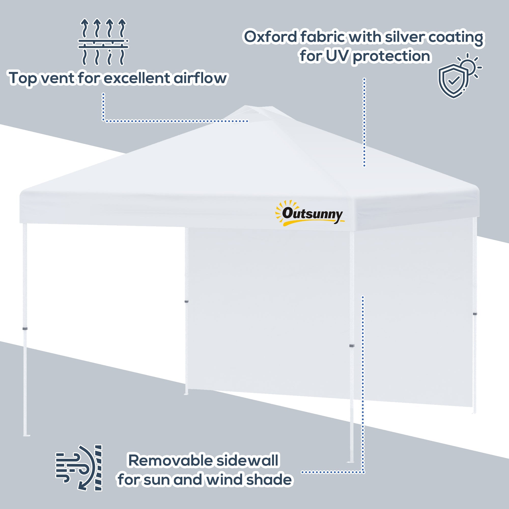 Outsunny 10' x 10' Pop Up Canopy Tent with Adjustable Height, 1 Sidewall, and Wheeled Carry Bag for Outdoor, Garden, Patio, White 