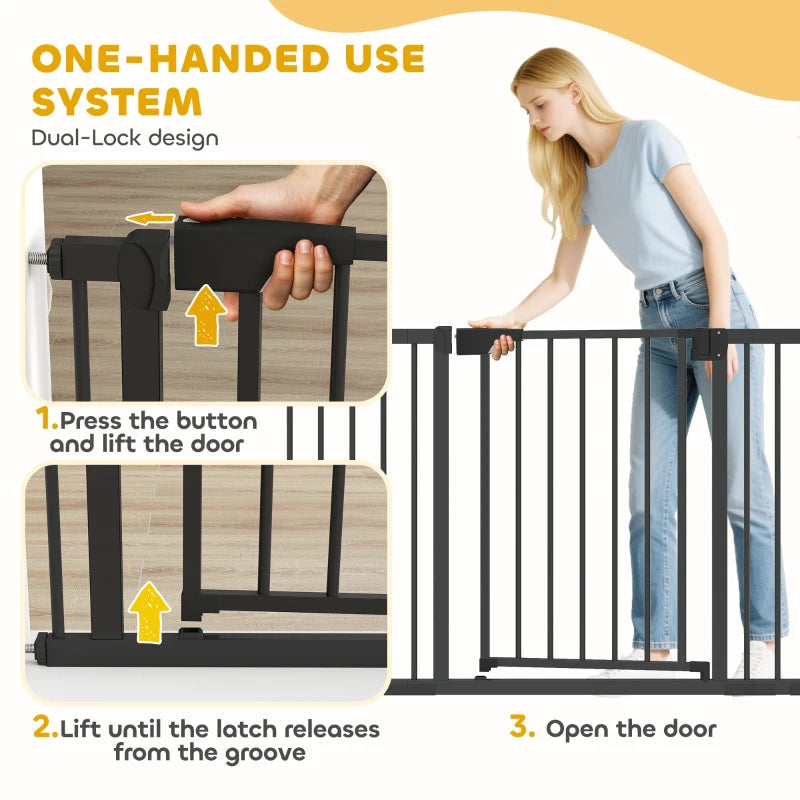 Baby Gate, Pet Safety Gate Pressure Fit, 30"-51" Wide with Two-Way Open, Auto-Close for Stair, Doorways, Hallways, Black