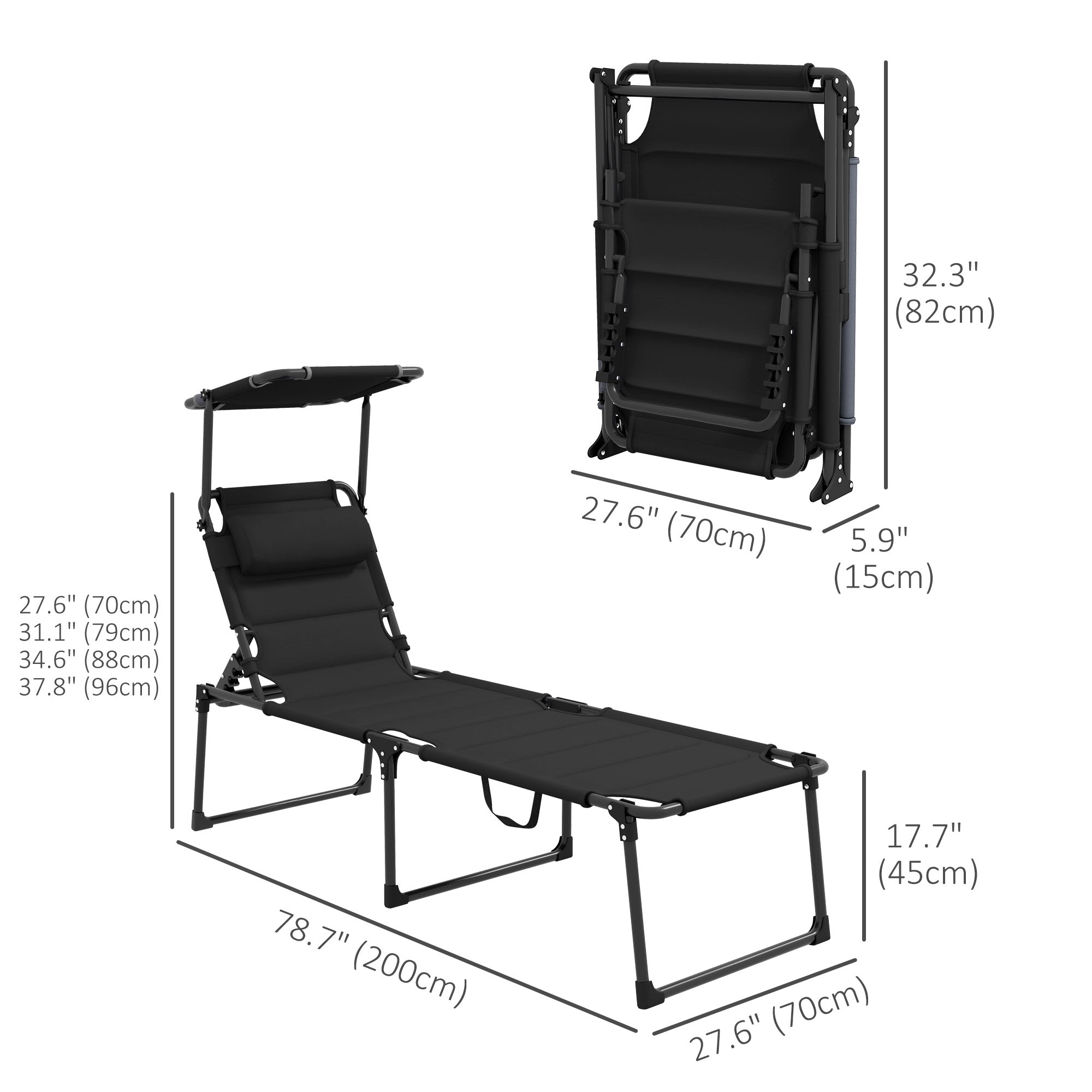 Outsunny Adjustable Folding Chaise Lounge Chair with Sunroof Quick Dry for Beach Patio Black 