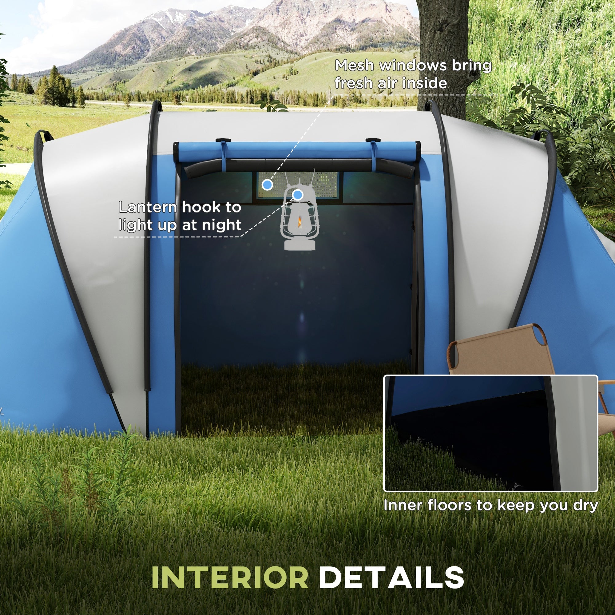 Outsunny Camping Tent with 2 Bedrooms and Living Area, 3000mm Waterproof Family Tent, for Fishing Hiking Festival, Blue 