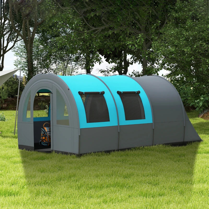 5-6 Person Camping Tent with Living Room and Bedroom, 3000mm Waterproof Tunnel Large Family Tent, Grey and Blue