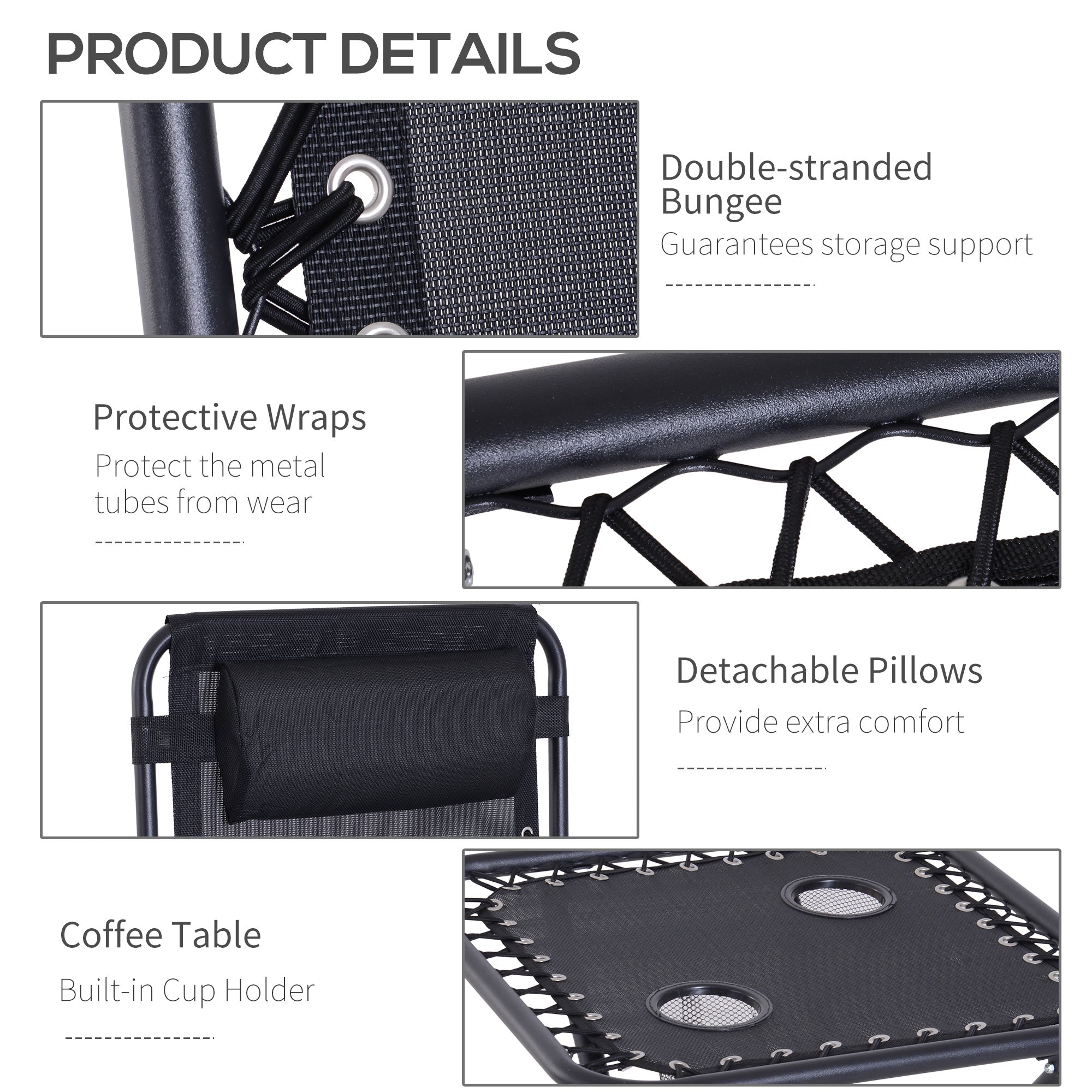 Outsunny Zero Gravity Serenity: 3pcs Patio Chaise Lounge Chair Set with Side Table, Cup Holder, Black Finish 