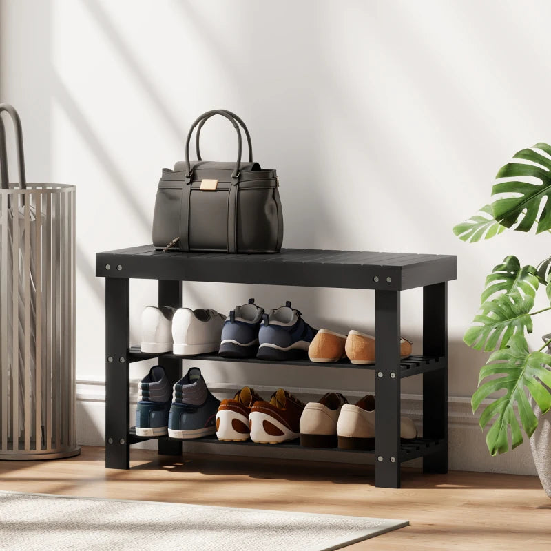 Bamboo Shoe Storage Bench, 3-Tier Entryway Bench with 2 Storage Shelves for Hallway, Holds 6 Pairs, Black