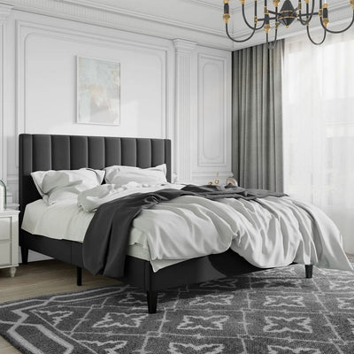Queen size Modern Black Velvet Upholstered Platform Bed with Headboard - Free Shipping 