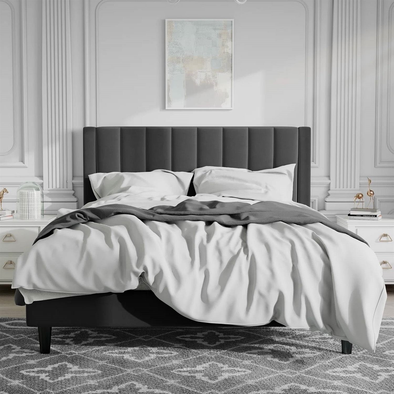 Queen size Modern Black Velvet Upholstered Platform Bed with Headboard - Free Shipping