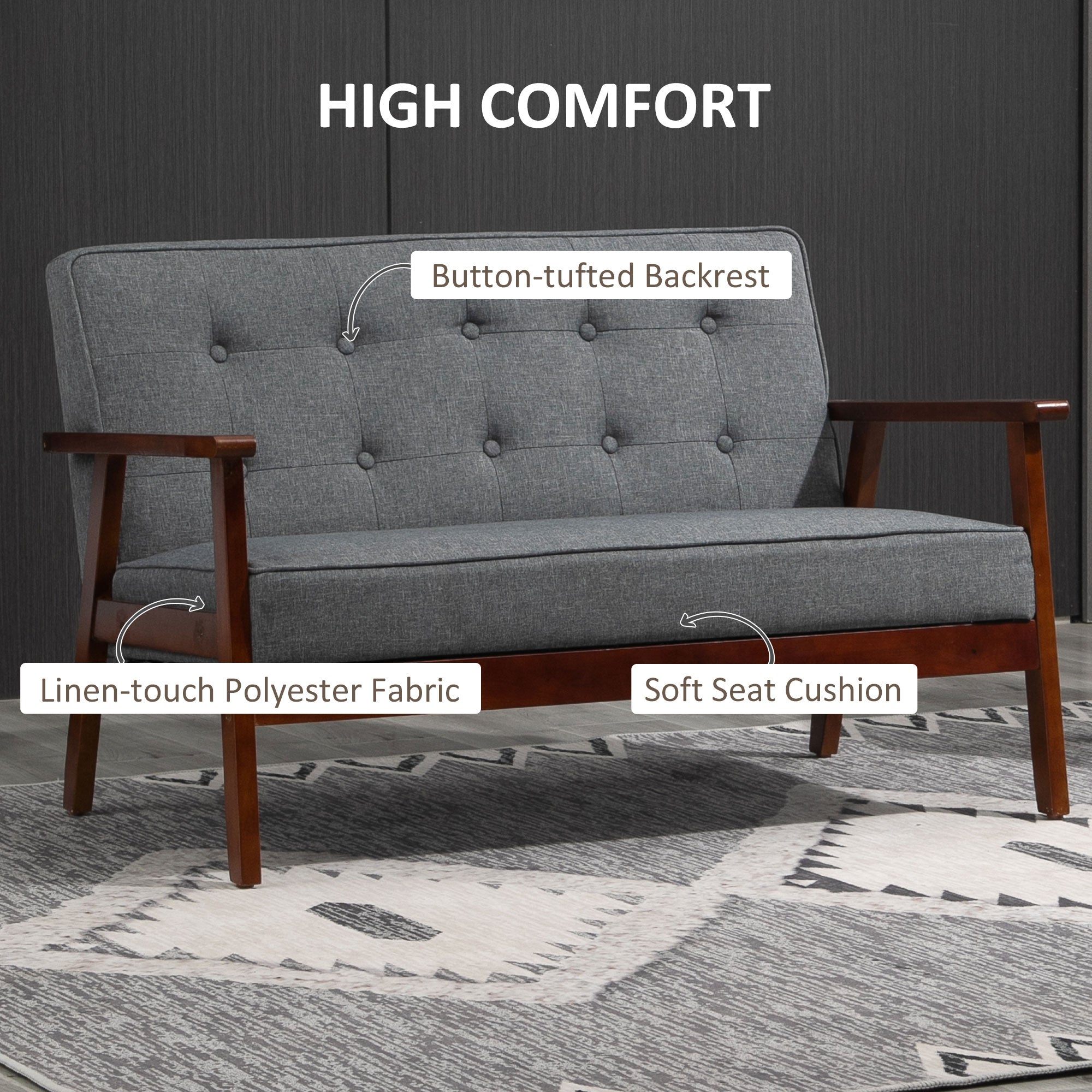 HOMCOM 45" 2 Seat Sofa for Bedroom, Modern Upholstered Loveseat with Button Tufted Back and Wood Legs, Grey 