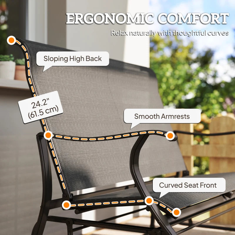Garden Double Gliding Chair, Patio Glider Armchair for Outdoor, Backyard Mesh Seat and Backrest, Steel Frame Black