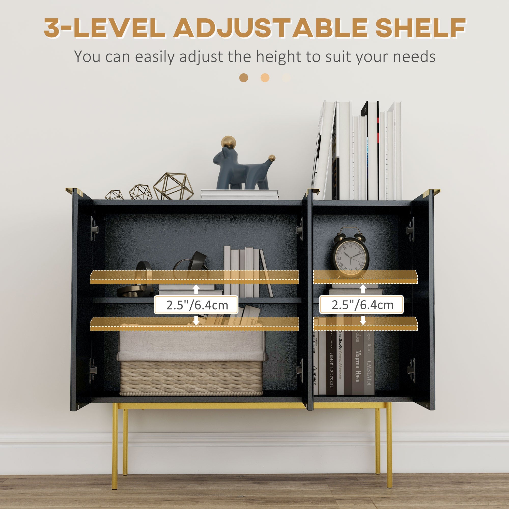 HOMCOM Modern Storage Cabinet Sideboard Buffet Cabinet with Gold Legs for Living Room Dining Room Hallway Black 