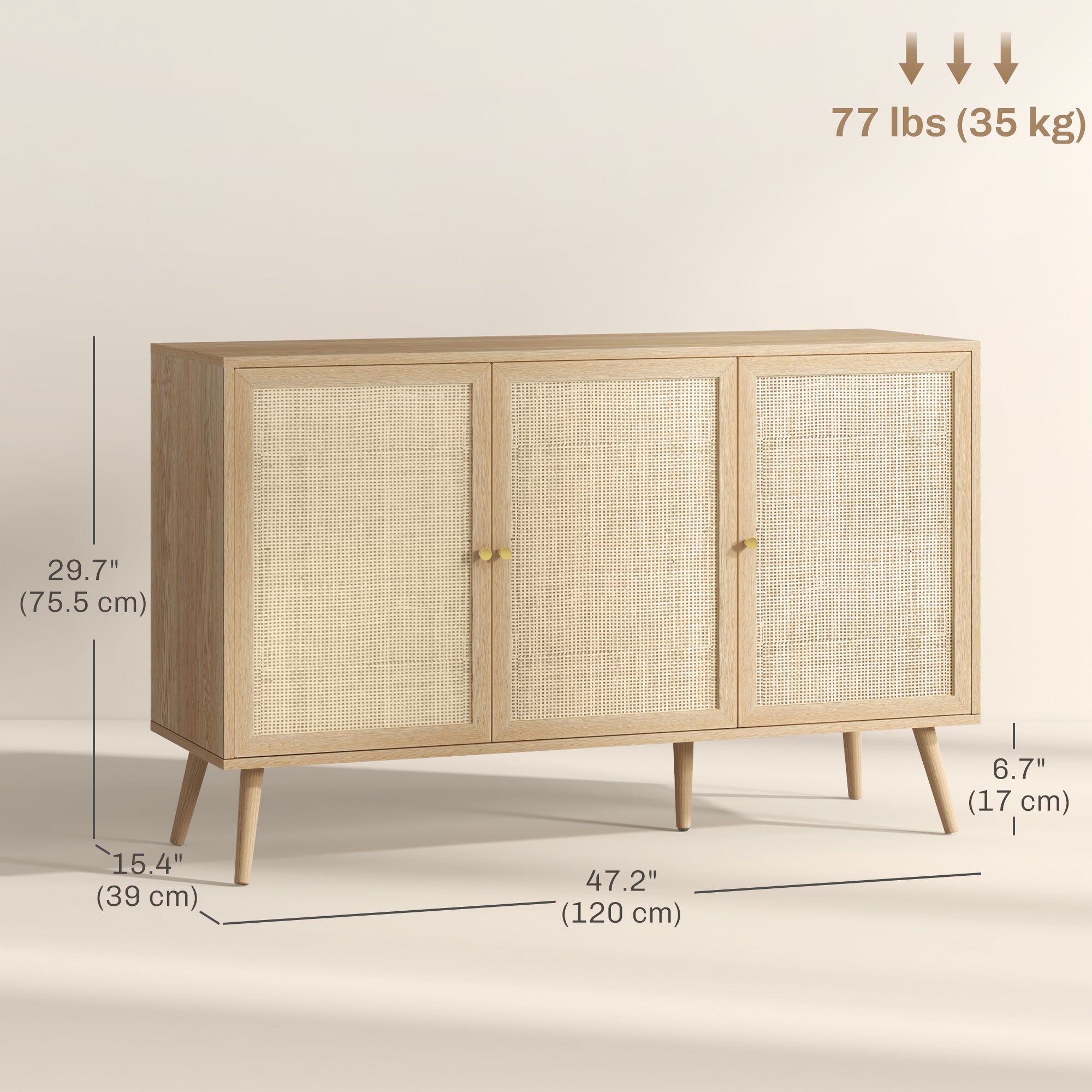 HOMCOM Kitchen Sideboard Cabinet, Boho Storage Cabinet with Shelves, Wood Legs, Decorative Rattan Doors, Natural 