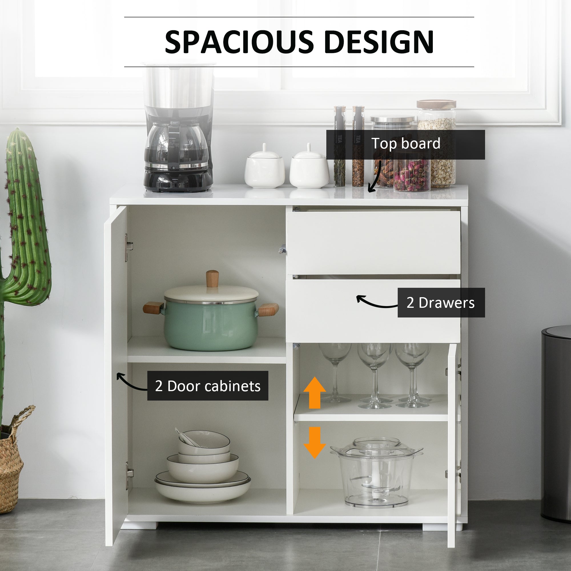 HOMCOM Buffet Sideboard High Gloss Kitchen Storage Cabinet Cupboard with Drawer Shelf Push Open Design White for Dining Room 
